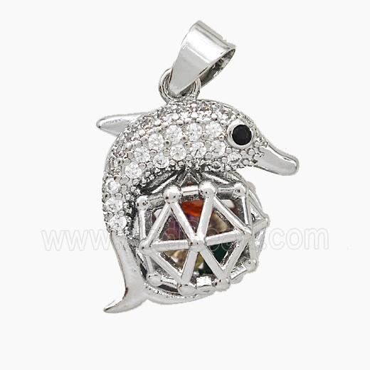 Copper Dolphin Pendant Pave Zirconia Hollow Platinum Plated