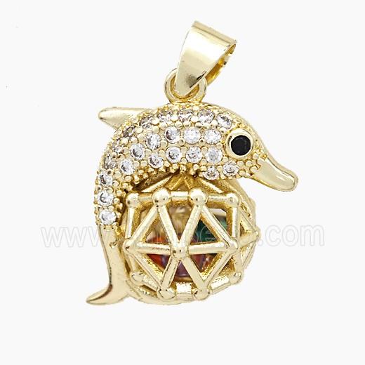 Copper Dolphin Pendant Pave Zirconia Hollow Gold Plated