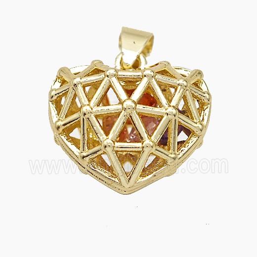 Copper Heart Pendant With Zirconia Hollow Gold Plated
