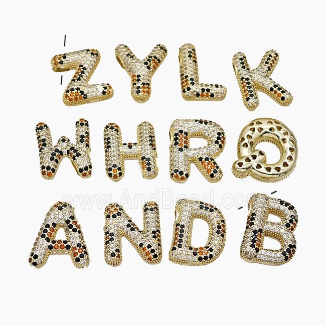 Copper Letters Pendant Micropave Zirconia Large Hole Gold Plated Mix Alphabets