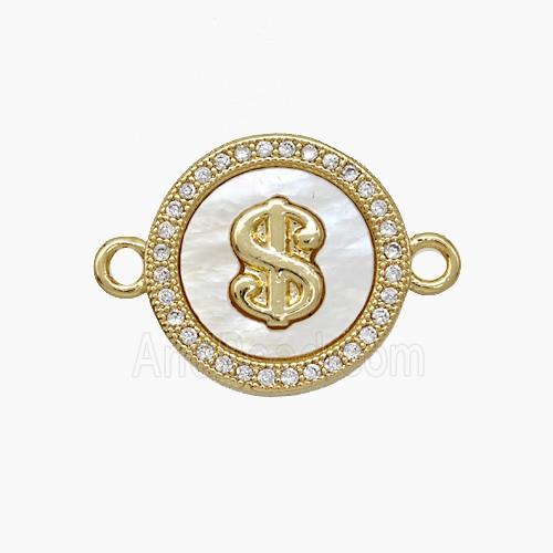 Copper Dollar Symbols Connector Pave Zirconia Shell Circle 18K Gold Plated