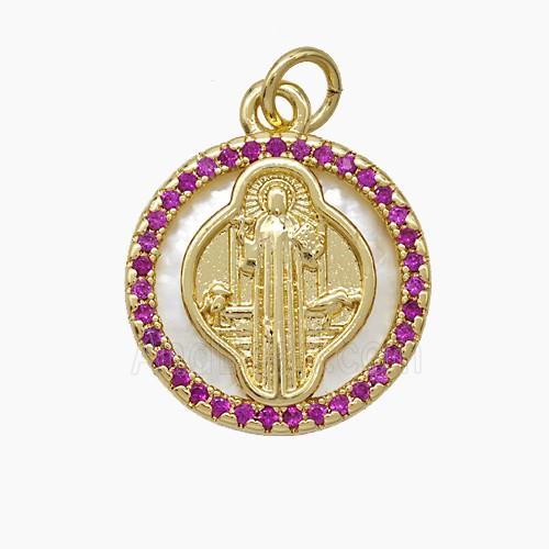 Copper Jesus Pendant Pave Zirconia Shell Circle 18K Gold Plated
