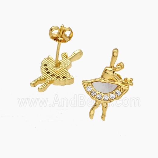 Copper Stud Earrings Pave Zirconia Shell Dancer Girls 18K Gold Plated