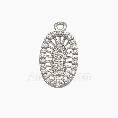 Virgin Mary Charms Copper Oval Pendant Pave Zirconia Platinum Plated