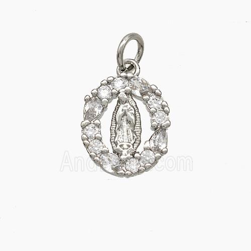 Virgin Mary Charms Copper Oval Pendant Pave Zirconia Platinum Plated