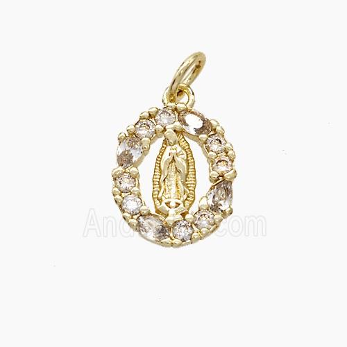 Virgin Mary Charms Copper Oval Pendant Pave Zirconia Gold Plated