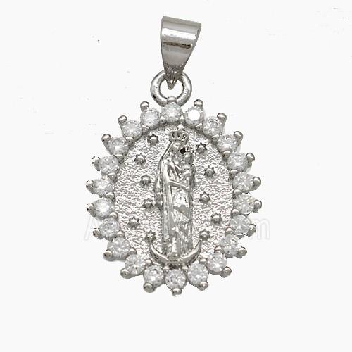 Virgin Mary Charms Copper Pendant Pave Zirconia Platinum Plated