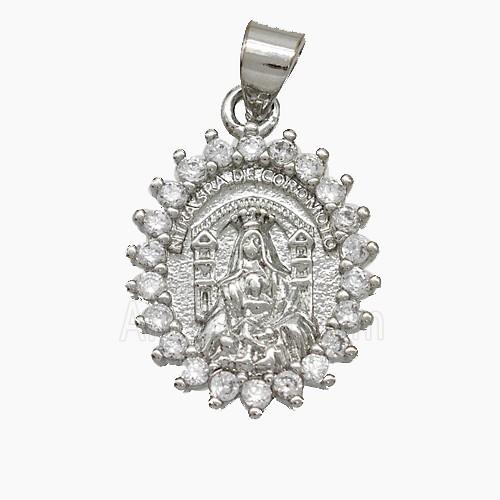 Virgin Mary Charms Copper Pendant Pave Zirconia Platinum Plated