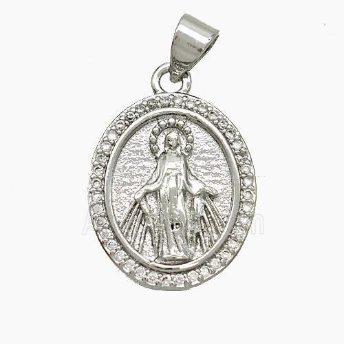 Copper Virgin Mary Pendant Pave Zirconia Platinum Plated