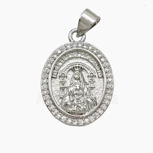 Copper Virgin Mary Pendant Pave Zirconia Platinum Plated