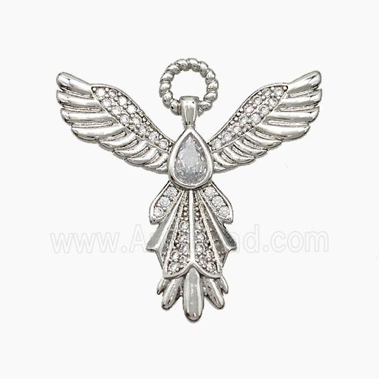 Copper Angel Wing Pendant Pave Zirconia Teardrop Platinum Plated