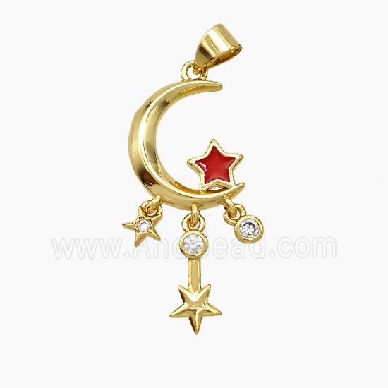 Copper Moon Star Pendant Pave Zirconia Red Enamel Gold Plated