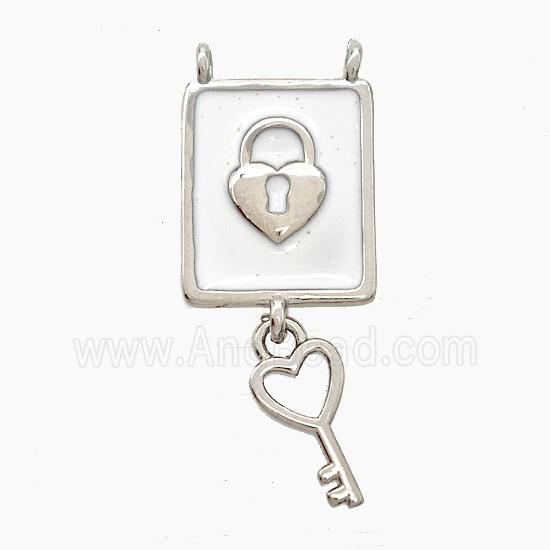 Copper Lock Key Pendant White Enamel 2loops Platinum Plated
