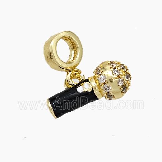 Copper Microphone Pendant Pave Zirconia Black Enamel Gold Plated