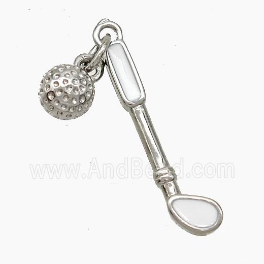 Golf Holder and Ball Charms Copper Pendant White Enamel Sports Platinum Plated