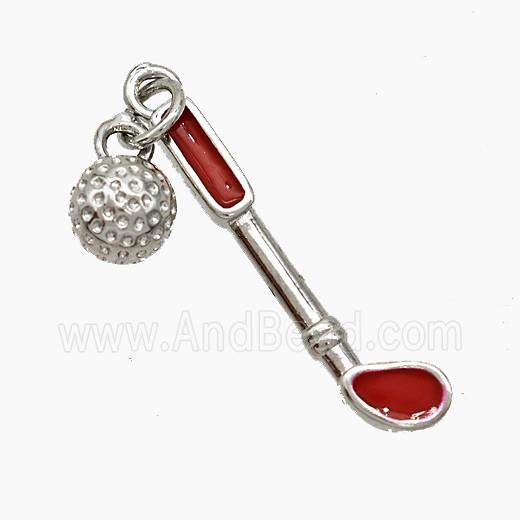 Golf Holder and Ball Charms Copper Pendant Red Enamel Sports Platinum Plated