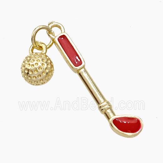 Golf Holder and Ball Charms Copper Pendant Red Enamel Sports Gold Plated