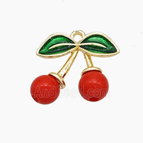 Copper Cherry Pendant Pave Red Resin Green Painted Gold Plated