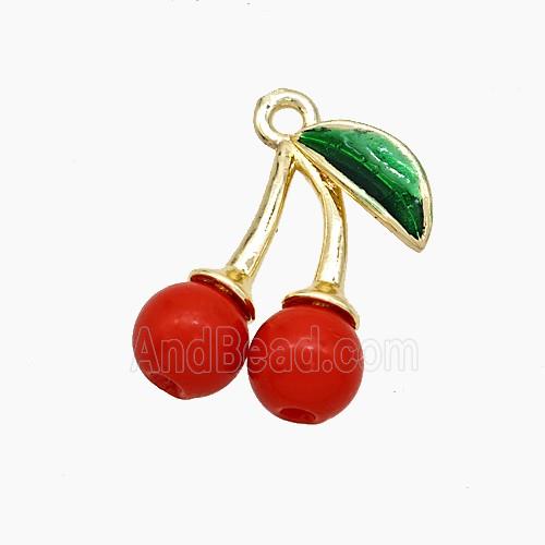 Copper Cherry Pendant Pave Red Resin Green Painted Gold Plated