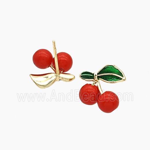 Copper Cherry Stud Earrings Pave Red Resin Gold Plated