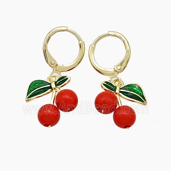 Copper Cherry Hoop Earrings Pave Red Resin Gold Plated