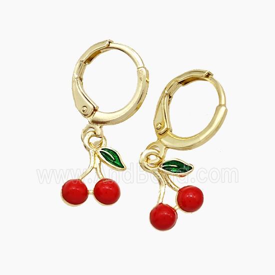 Copper Cherry Hoop Earrings Red Enamel Gold Plated