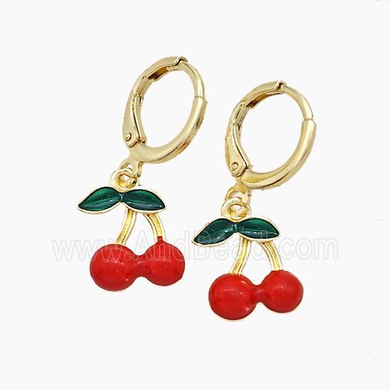 Copper Cherry Hoop Earrings Red Enamel Gold Plated