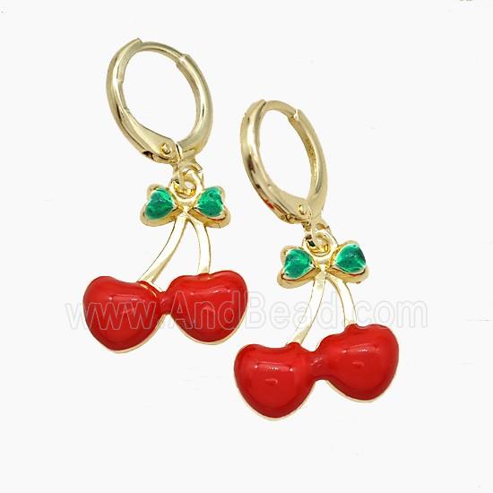 Copper Cherry Hoop Earrings Red Enamel Gold Plated