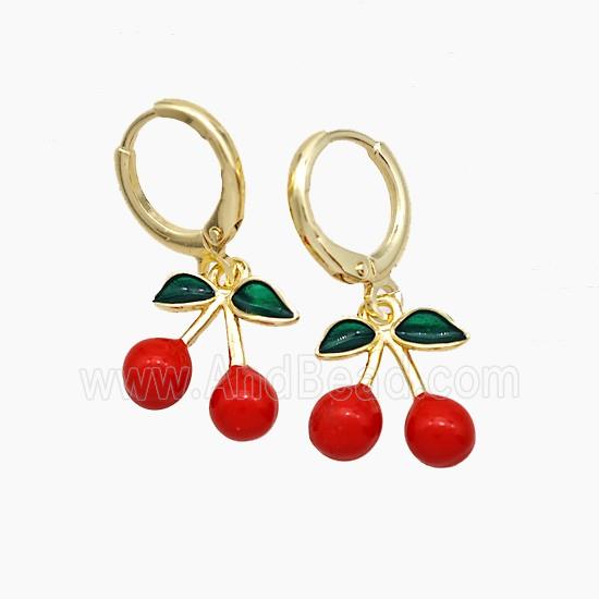 Copper Cherry Hoop Earrings Red Enamel Gold Plated