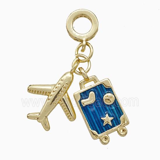 Airplane And Travel Box Charms Copper Pendant Blue Painted Gold Plated