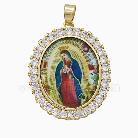 Copper Virgin Mary Pendant Pave Zirconia Painted Oval Gold Plated