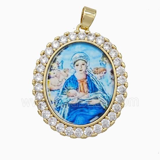 Copper Virgin Mary Pendant Pave Zirconia Painted Oval Gold Plated