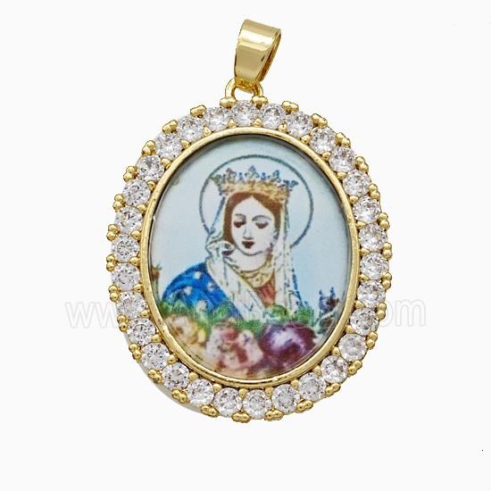 Copper Virgin Mary Pendant Pave Zirconia Painted Oval Gold Plated