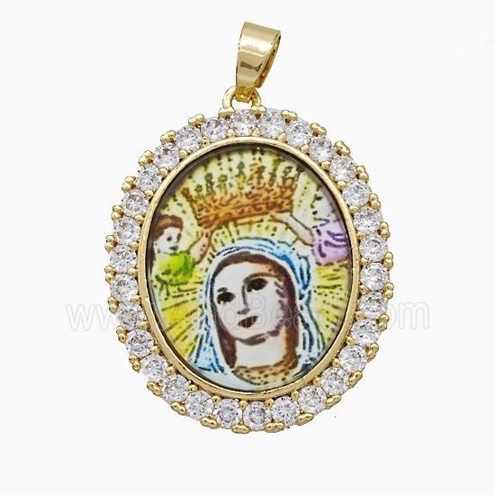 Copper Virgin Mary Pendant Pave Zirconia Painted Oval Gold Plated
