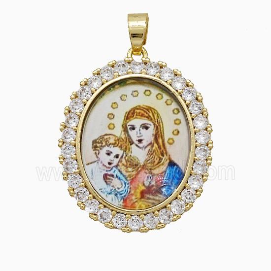 Copper Virgin Mary Pendant Pave Zirconia Painted Oval Gold Plated
