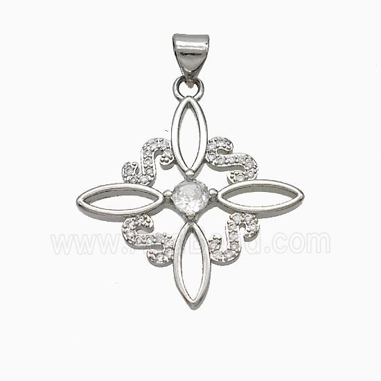 Copper Cross Pendant Pave Zirconia Flower Platinum Plated