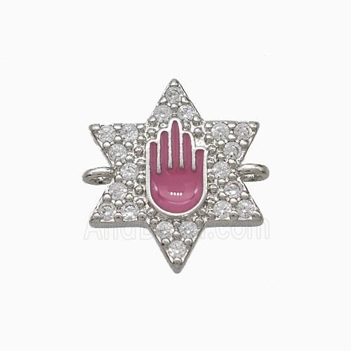 Copper Star Hand Connector Pave Zirconia Pink Enamel Platinum Plated