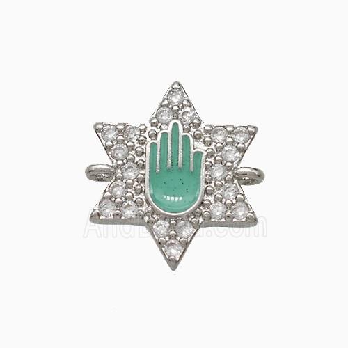Copper Star Hand Connector Pave Zirconia Green Enamel Platinum Plated