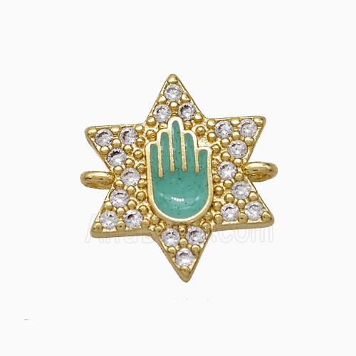 Copper Star Hand Connector Pave Zirconia Green Enamel Gold Plated