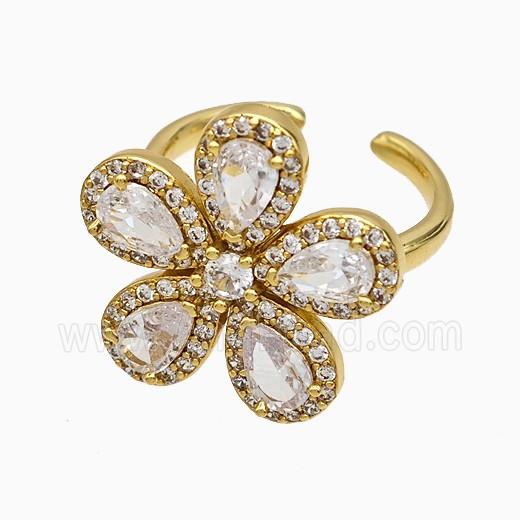 Copper Flower Rings Pave Zirconia Crystal Glass Gold Plated