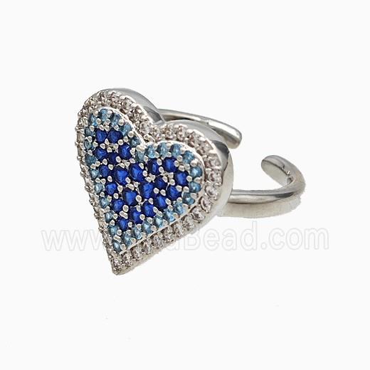 Copper Heart Rings Micropave Blue Zirconia Platinum Plated