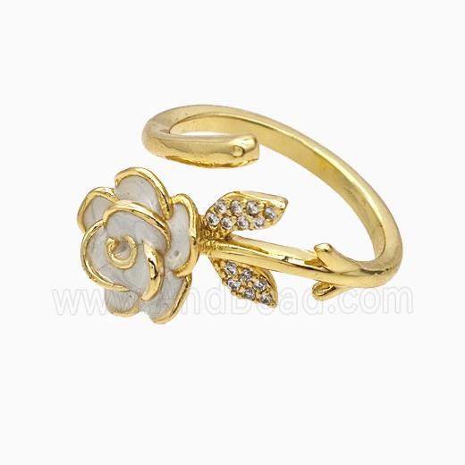 Copper Flower Rings Pave Zirconia White Enamel Gold Plated