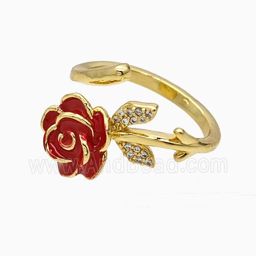 Copper Flower Rings Pave Zirconia Red Enamel Gold Plated
