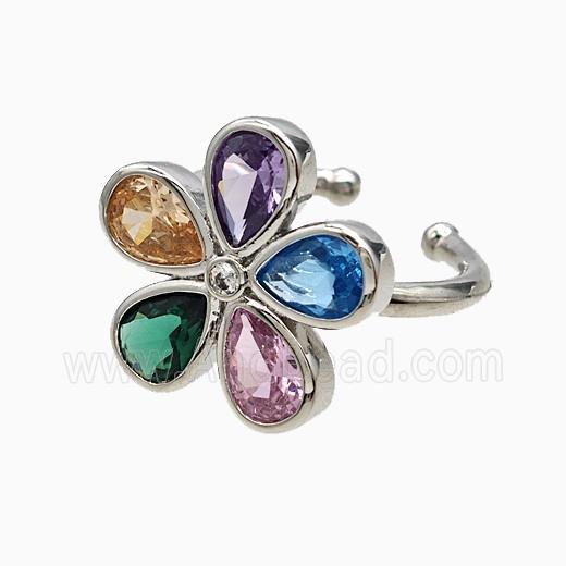 Copper Flower Rings Pave Multicolor Crystal Glass Platinum Plated