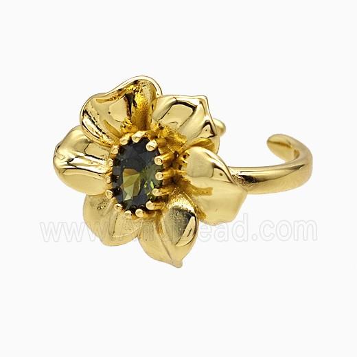 Copper Flower Rings Pave Crystal Glass Gold Plated
