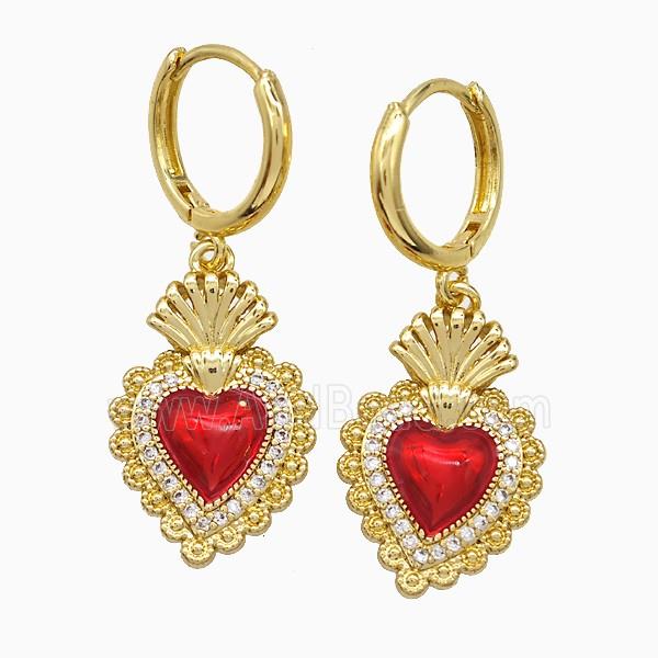 Copper Heart Hoop Earrings Pave Zirconia Red Painted Gold Plated