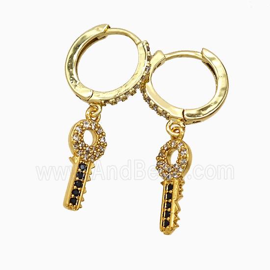 Copper Key Hoop Earrings Pave Zirconia Gold Plated