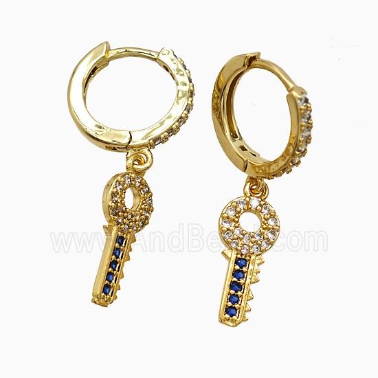 Copper Key Hoop Earrings Pave Zirconia Gold Plated