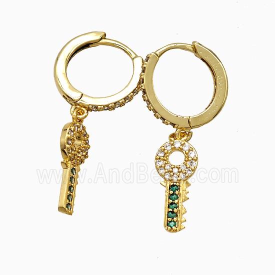 Copper Key Hoop Earrings Pave Zirconia Gold Plated