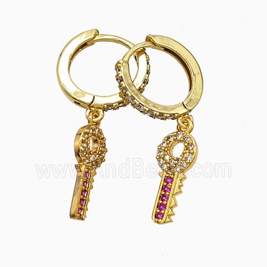 Copper Key Hoop Earrings Pave Zirconia Gold Plated
